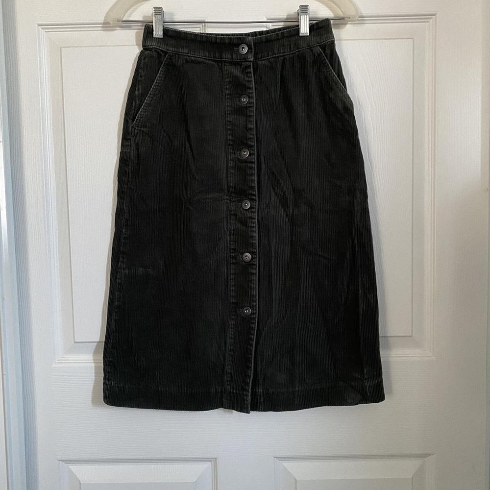 Black Corduroy Button-Front Midi Skirt
